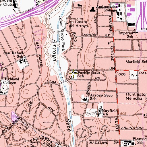 Topographic Map of Pacific Oaks School, CA
