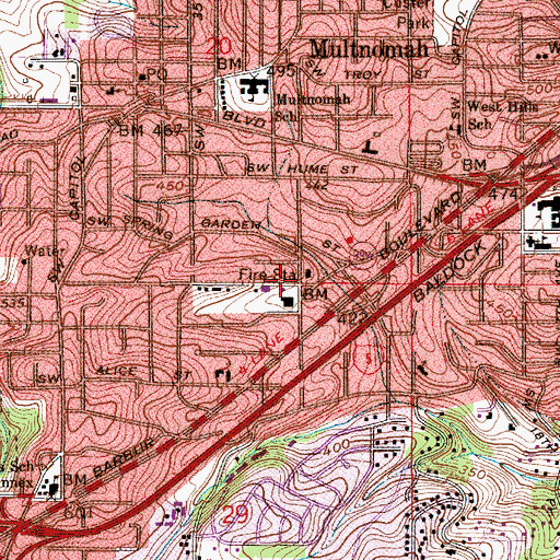 Topographic Map of Portland Fire and Rescue Station 18 Multnomah Village, OR