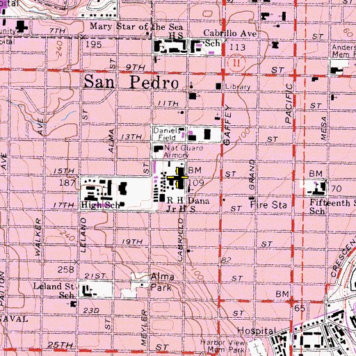 Topographic Map of Dana Middle School, CA