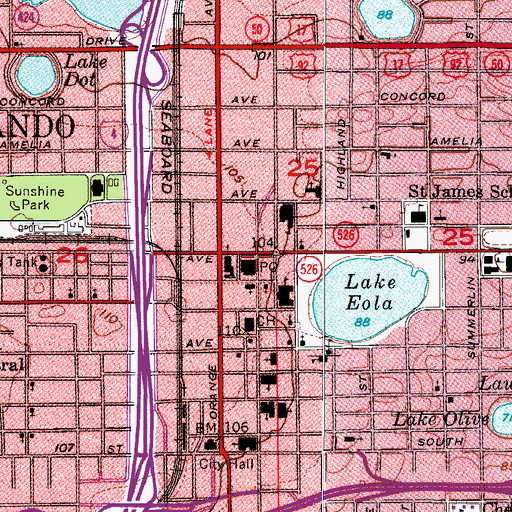 Topographic Map of Downtown Orlando Post Office, FL