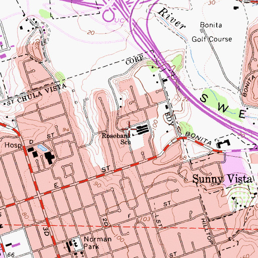 Topographic Map of Rosebank Elementary School, CA