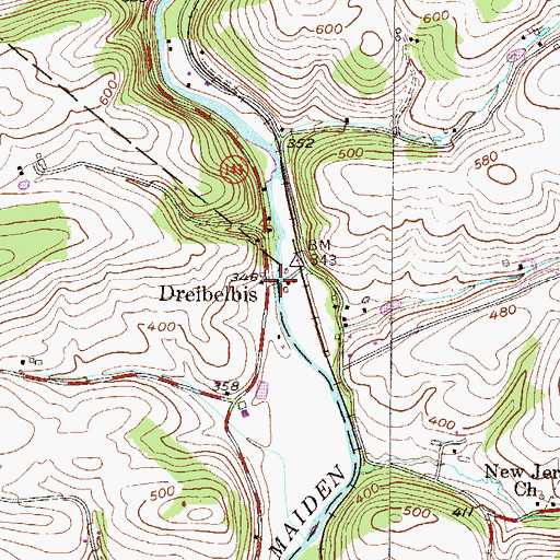 Topographic Map of Dreibelbis Station Covered Bridge, PA