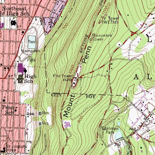 Topographic Map of Mount Penn Observation Tower, PA