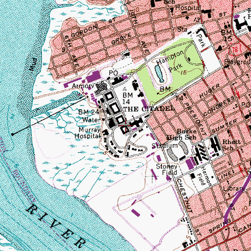 Topographic Map of The Citadel Stevens Barracks, SC