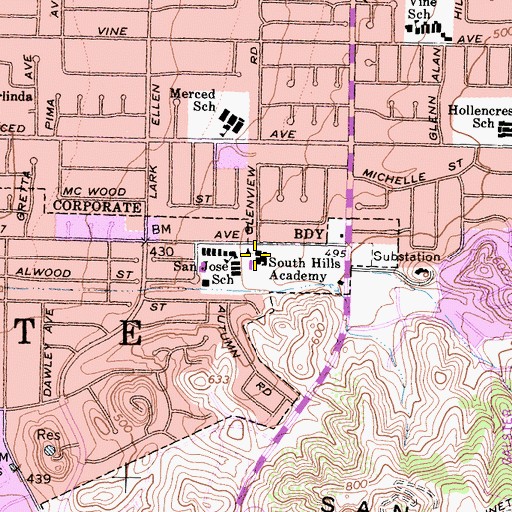 Topographic Map of South Hills Academy, CA