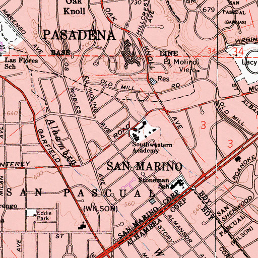 Topographic Map of Southwestern Academy, CA