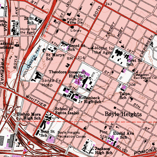 Topographic Map of Roosevelt Senior High School, CA