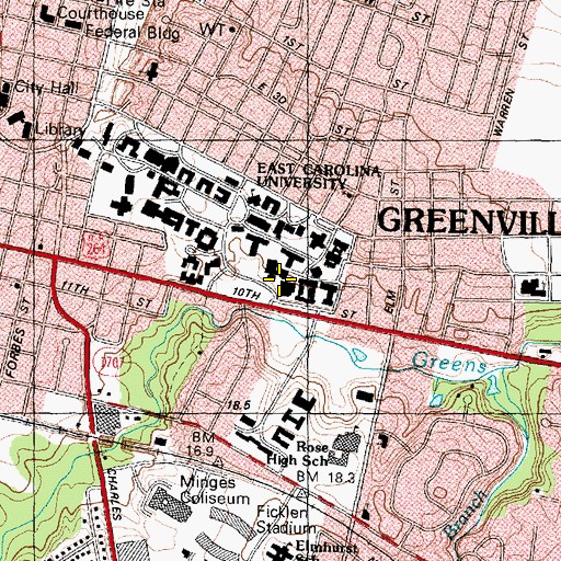 Topographic Map of East Carolina University - Greenville Main Campus Christenbury Memorial Gymnasium, NC