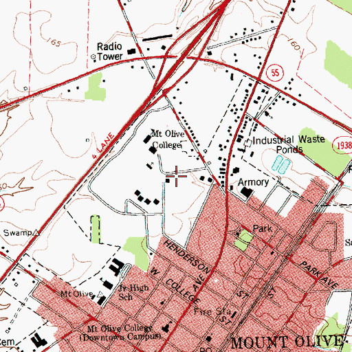 Topographic Map of Mount Olive College - Laughinghouse Hall, NC