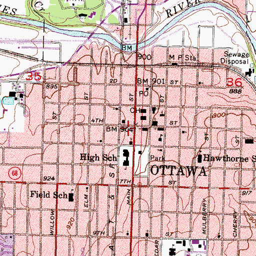 Topographic Map of Ottawa Unified School District Office, KS