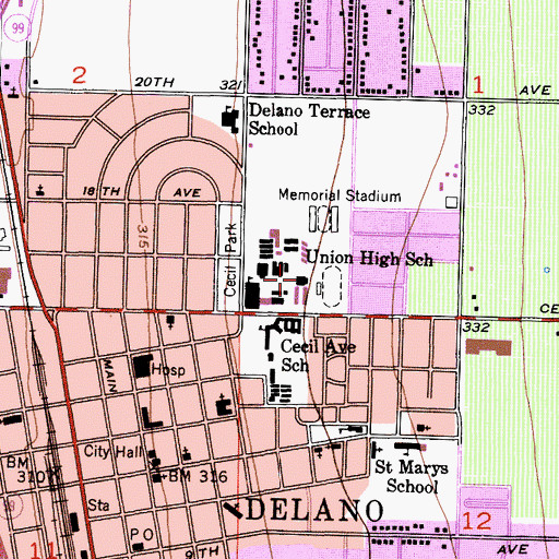 Topographic Map of Delano High School, CA