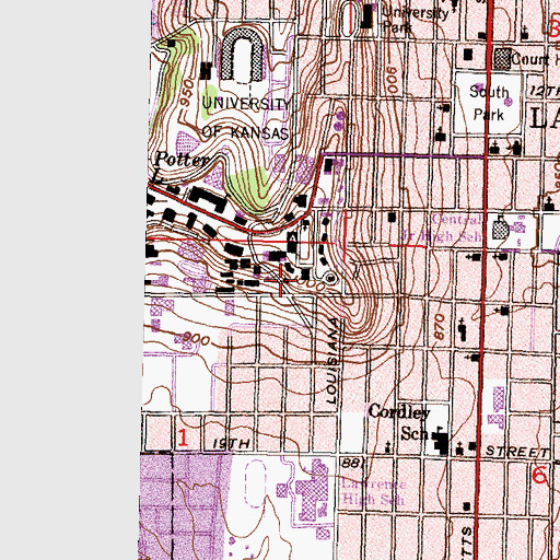Topographic Map of University of Kansas - Lawrence Campus Watkins Home, KS