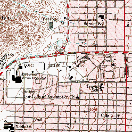 Topographic Map of William Beaumont Army Hospital, TX