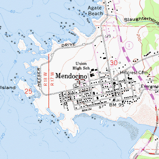 Topographic Map of Mendocino Community High School, CA