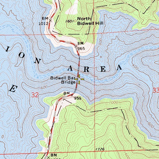 Topographic Map of Bidwell Bar Bridge, CA