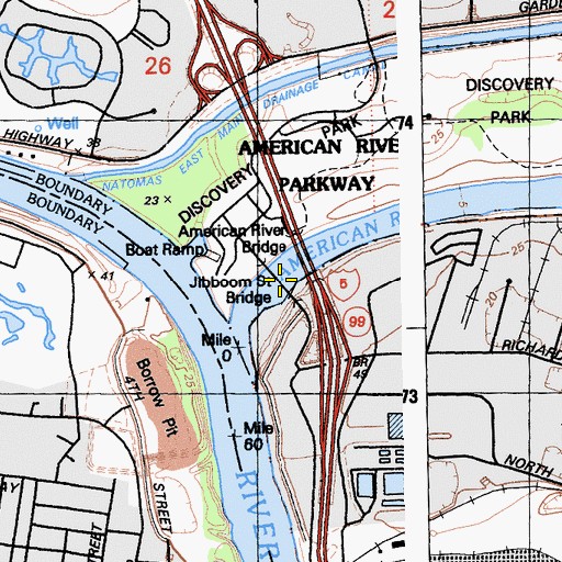 Topographic Map of Jibboom Street Bridge, CA