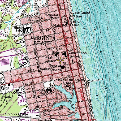 Topographic Map of Virginia Beach County Public Library Oceanfront Area Library, VA