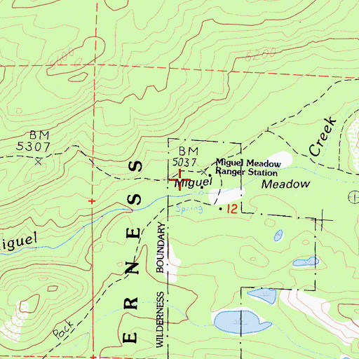 Topographic Map of Miguel Meadow Ranger Station, CA