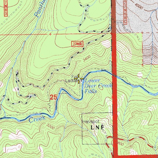 Topographic Map of Lower Deer Creek Falls, CA