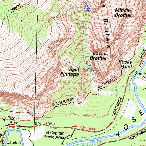 Topographic Map of Split Pinnacle, CA