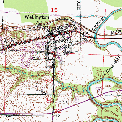 Topographic Map of Wellington - Napoleon High School, MO