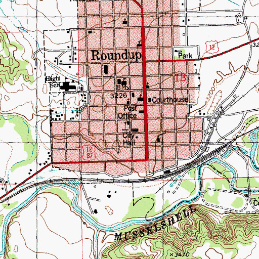 Topographic Map of Musselshell County Fire Department, MT