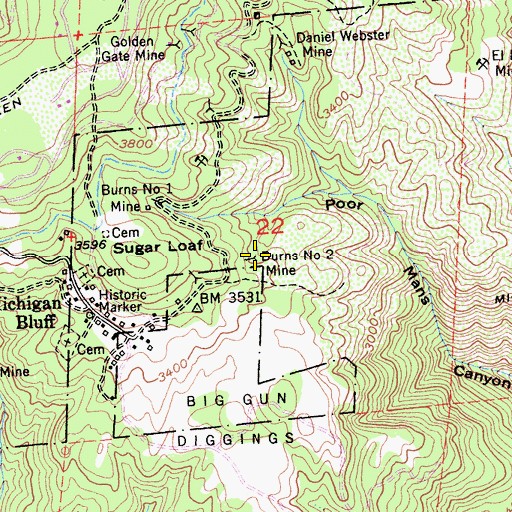 Topographic Map of Burns Number Two Mine, CA