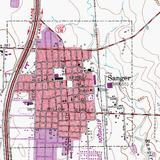 Topographic Map of Sanger Volunteer Fire Department, TX