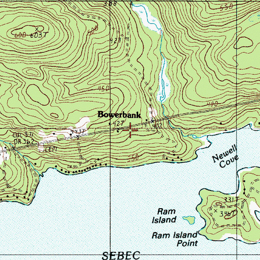 Topographic Map of Bowerbank Fire Department, ME