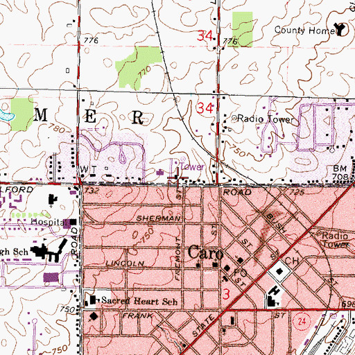 Topographic Map of Caro United Methodist Church, MI
