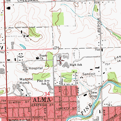 Topographic Map of Alma Senior High School, MI