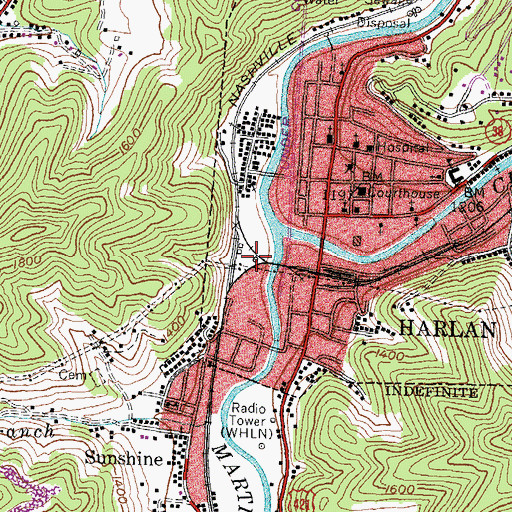 Topographic Map of Harlan Railroad Station (historical), KY