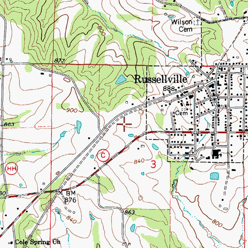 Topographic Map of Russellville High School, MO