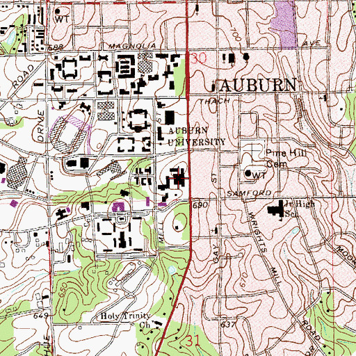 Topographic Map of Funchess Hall, AL