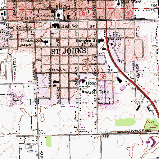 Topographic Map of Clinton Memorial Hospital, MI