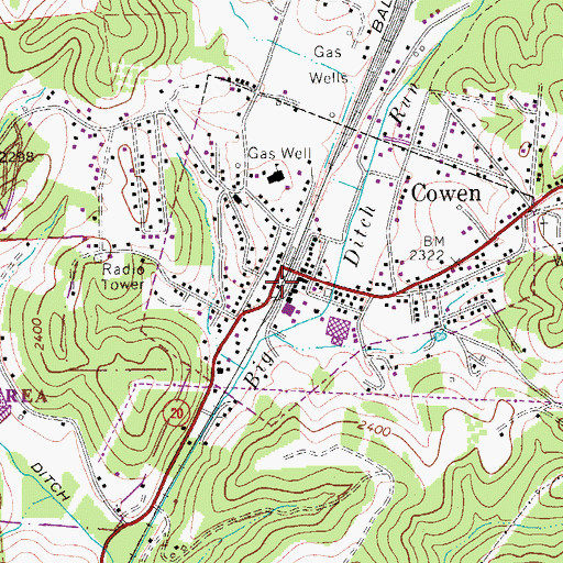 Topographic Map of Cowen Volunteer Fire Department, WV