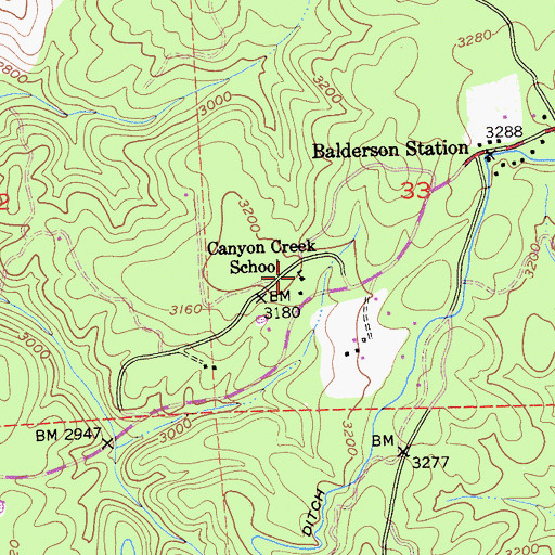 Topographic Map of Canyon Creek School, CA