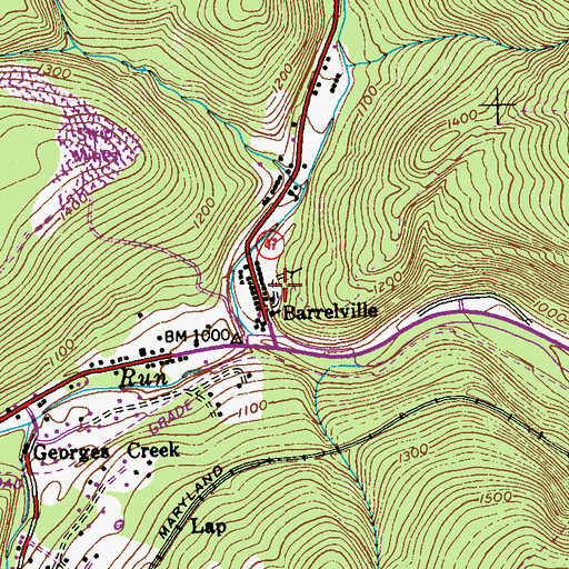 Topographic Map of Barrelville Census Designated Place, MD