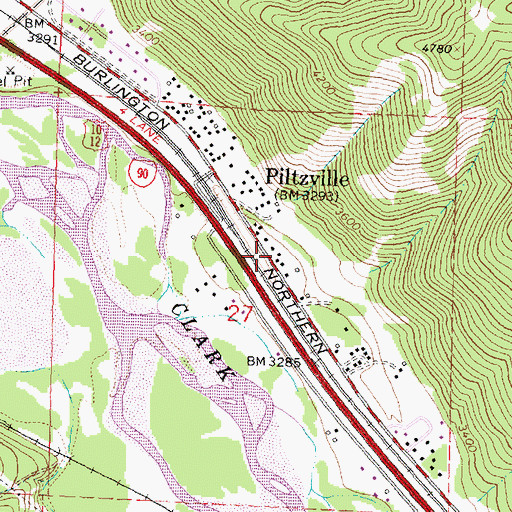 Topographic Map of Piltzville Census Designated Place, MT