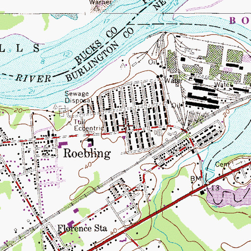 Topographic Map of Roebling Census Designated Place, NJ