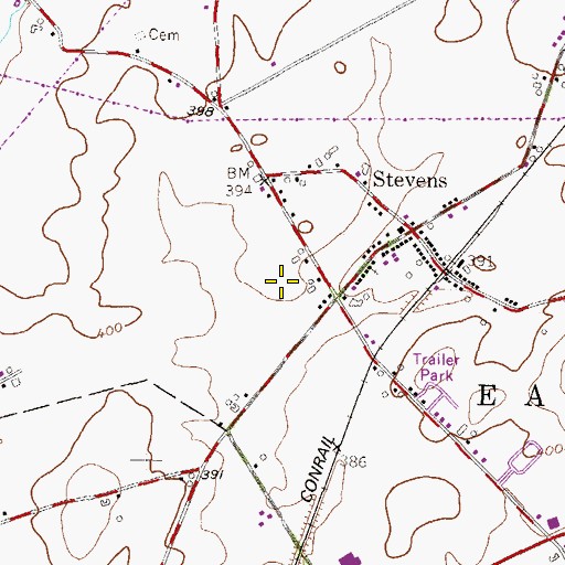 Topographic Map of Stevens Census Designated Place, PA