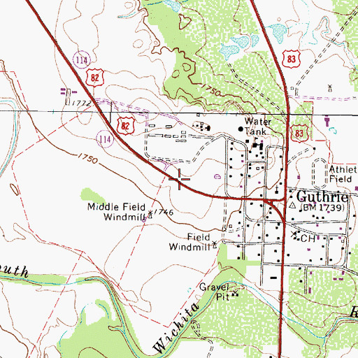 Topographic Map of Guthrie Census Designated Place, TX
