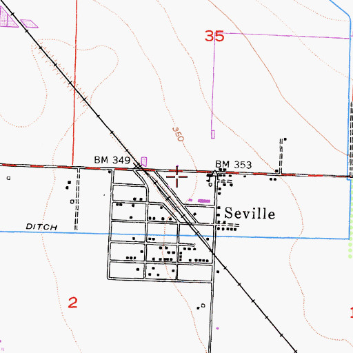 Topographic Map of Seville Census Designated Place, CA