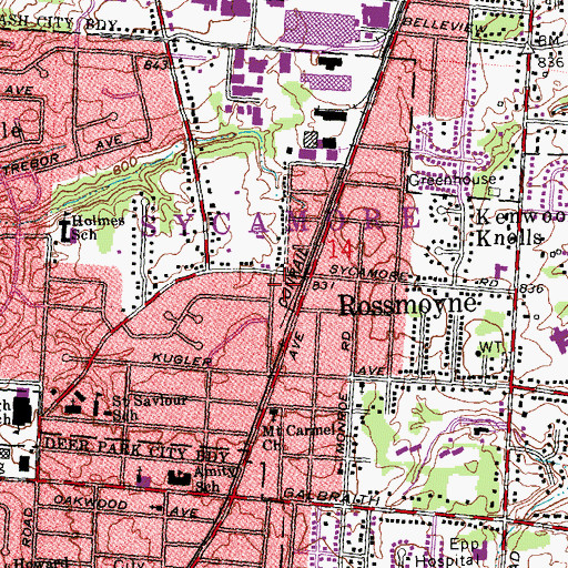 Topographic Map of Rossmoyne Census Designated Place, OH