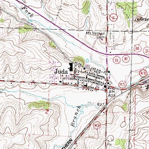 Topographic Map of Juda Census Designated Place, WI