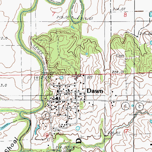 Topographic Map of Dawn Census Designated Place, MO