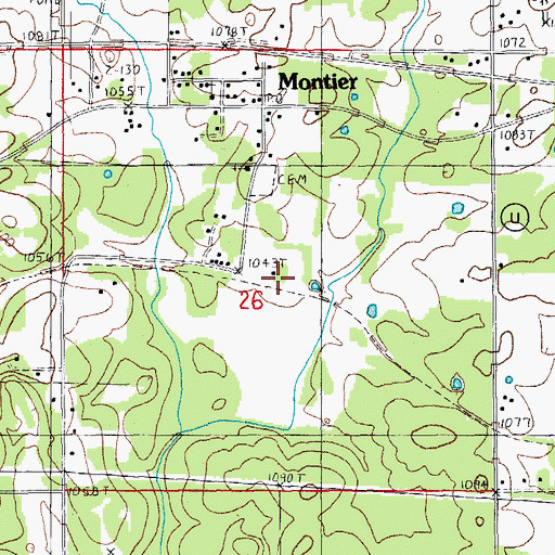 Topographic Map of Montier Census Designated Place, MO