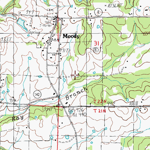 Topographic Map of Moody Census Designated Place, MO