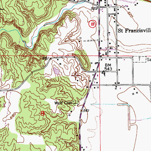 Topographic Map of Saint Francisville Census Designated Place, MO