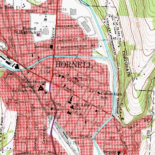 Topographic Map of Hornell Public Library, NY